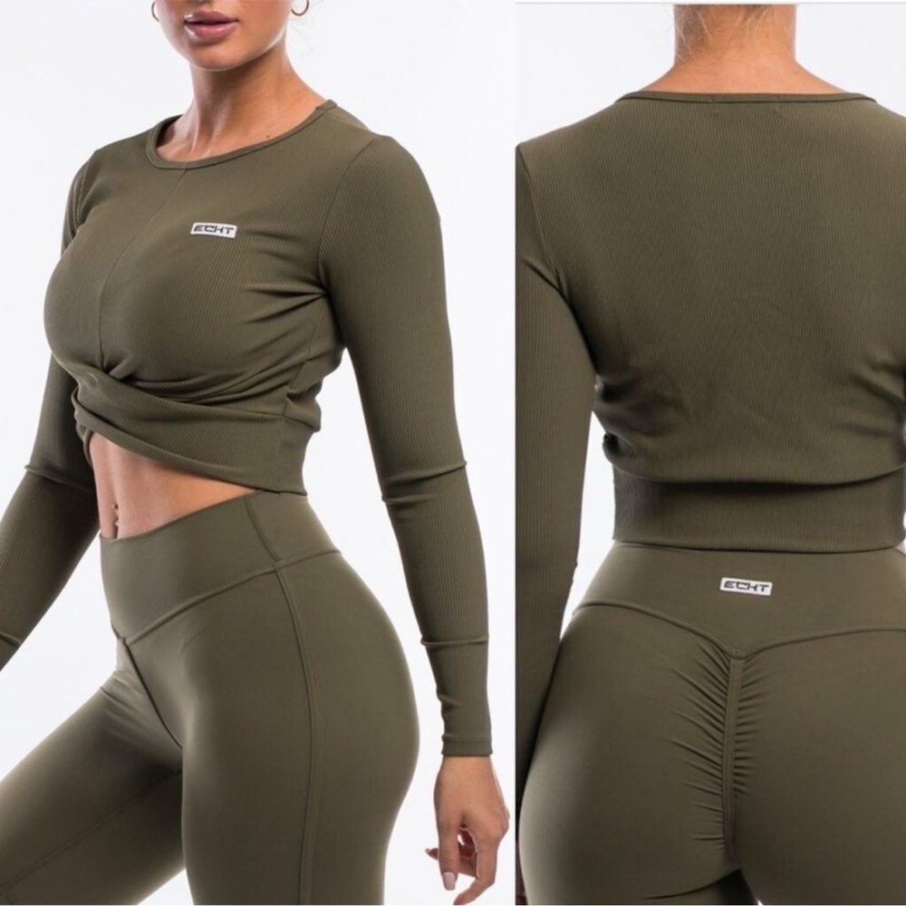 ECHT olive green long sleeve active shirt crop ribbed top L